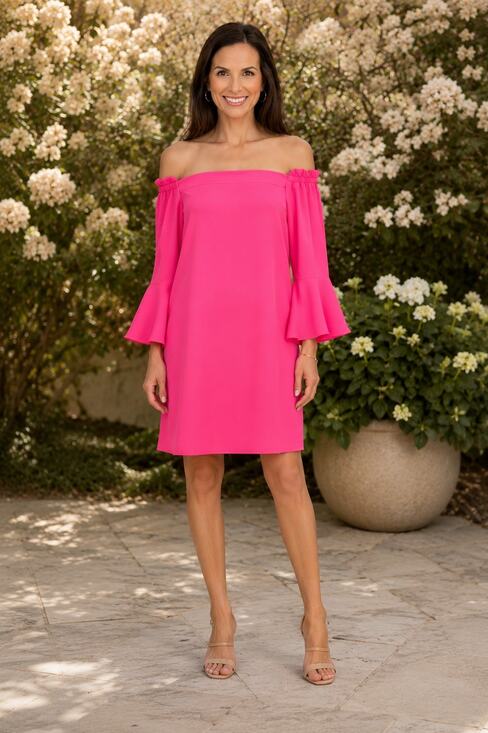 Trina Turk Dresses & Skirts - Trina Turk Hot Pink Off Shoulder Bell Sleeve Mini Dress Medium NWT MSRP $258
